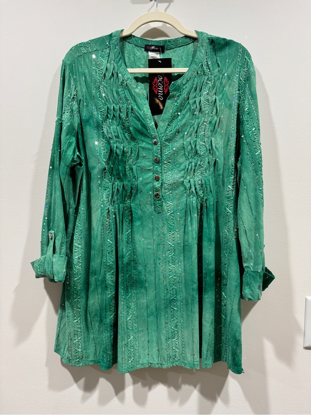 NWT Cocomo Sage Green Sequin Embroidered Boho Tunic Top Size XL